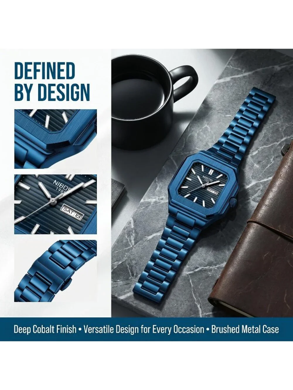 Men's Blue Square Analog Quartz Stainless Steel Waterproof Classic Wrist Watch